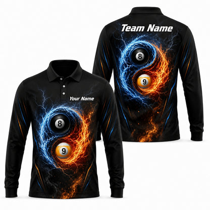 Fire And Ice 8 Ball Graphic Personalized Billiard Polo Shirt Long Sleeve Polo