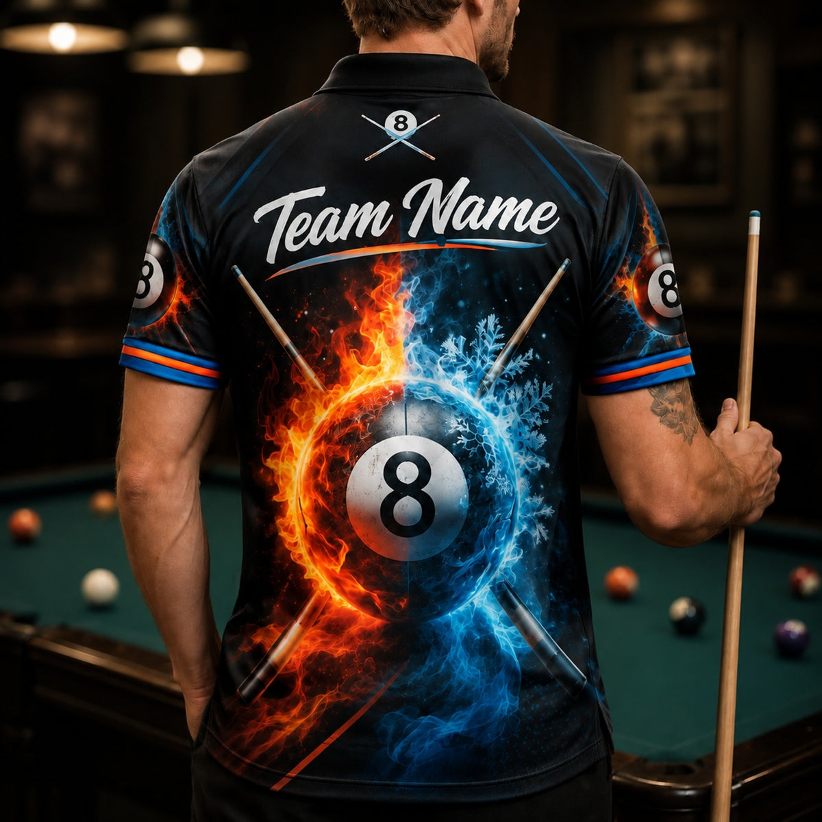 Fire And Ice 8 Ball Sport Personalized Billiard Polo Shirt Back View