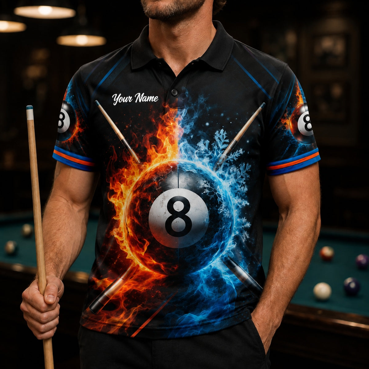 Fire And Ice 8 Ball Sport Personalized Billiard Polo Shirt Front View