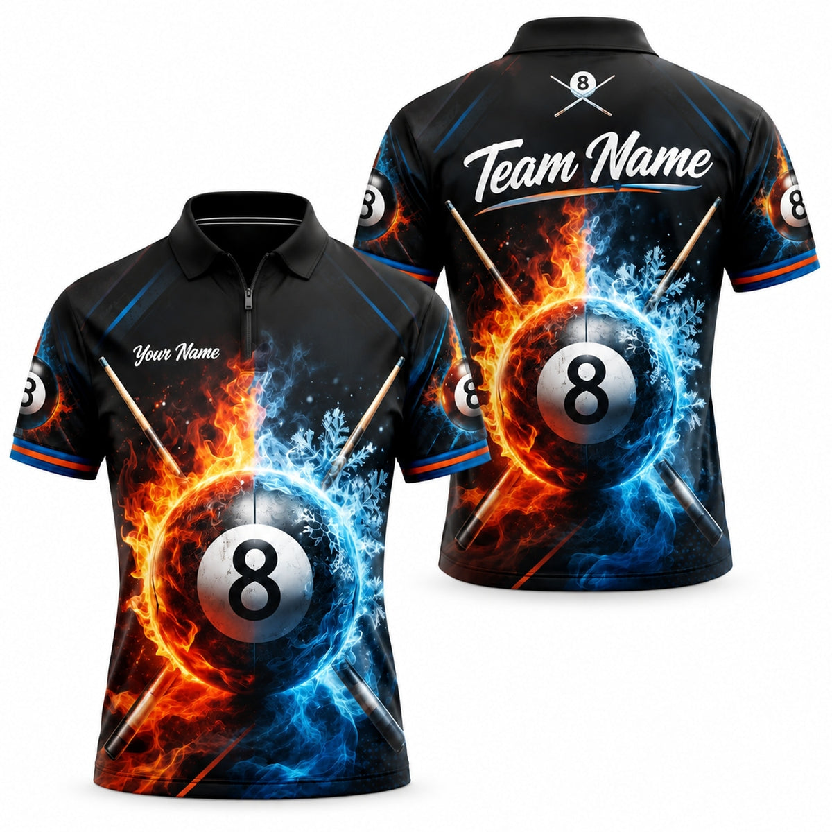 Fire And Ice 8 Ball Sport Personalized Billiard Polo Shirt Jersey Zip 1 4 Collar