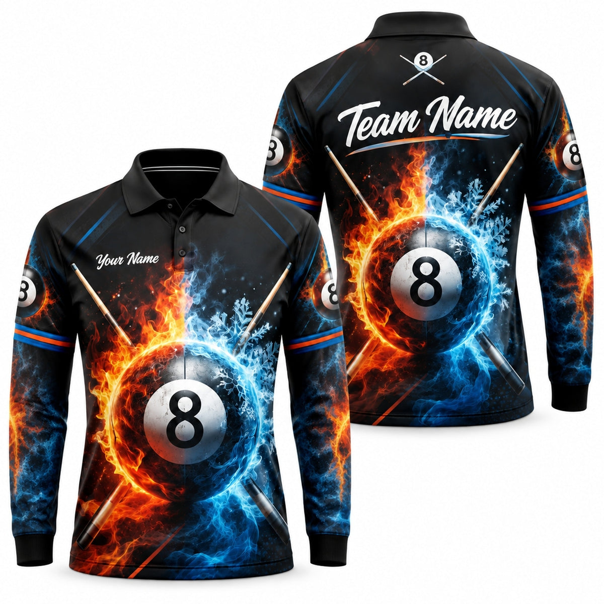 Fire And Ice 8 Ball Sport Personalized Billiard Polo Shirt Long Sleeve Polo