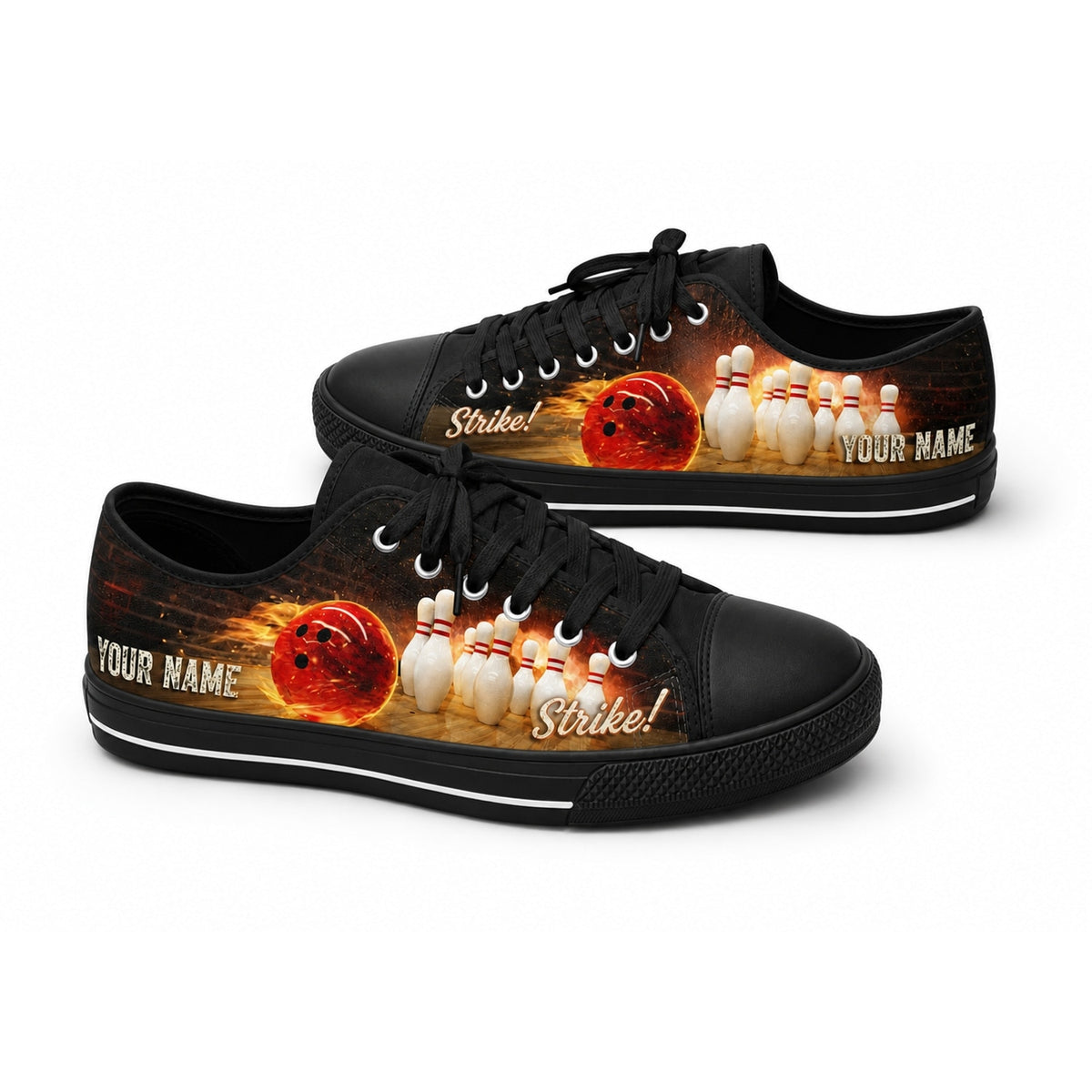 Fire Bowling Ball And Pins Graphic Personalized Low Top Shoes Black Shoes
