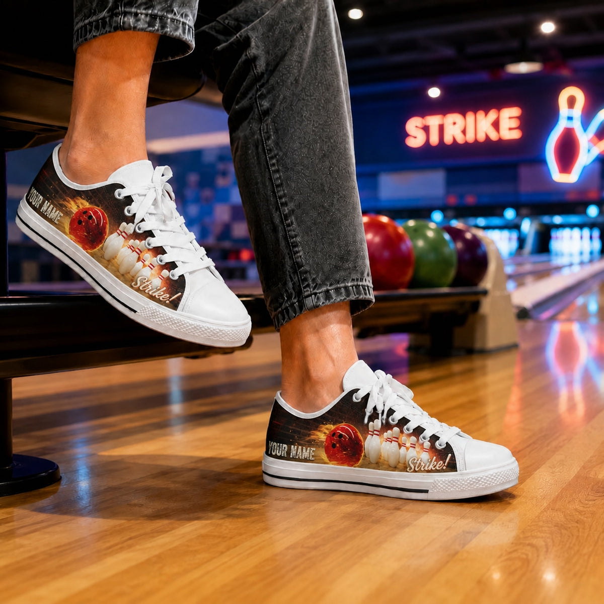 Fire Bowling Ball And Pins Graphic Personalized Low Top Shoes Bowling Life Style
