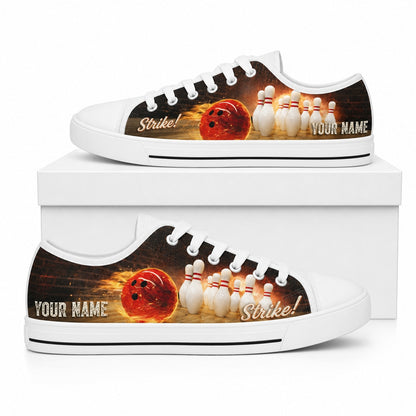 Fire Bowling Ball And Pins Graphic Personalized Low Top Shoes Box White