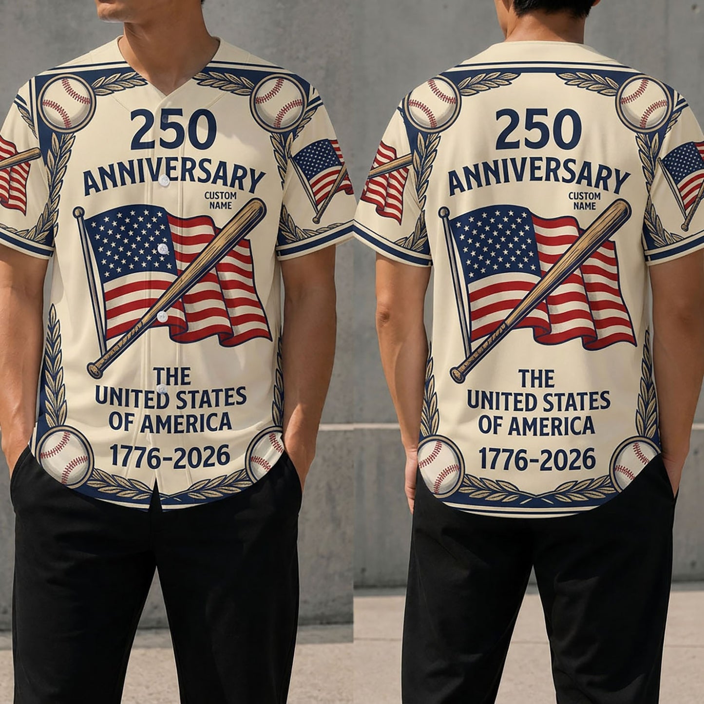 Front and back view of a vintage baseball jersey featuring the American flag, baseball bat, and 250th anniversary commemorative text