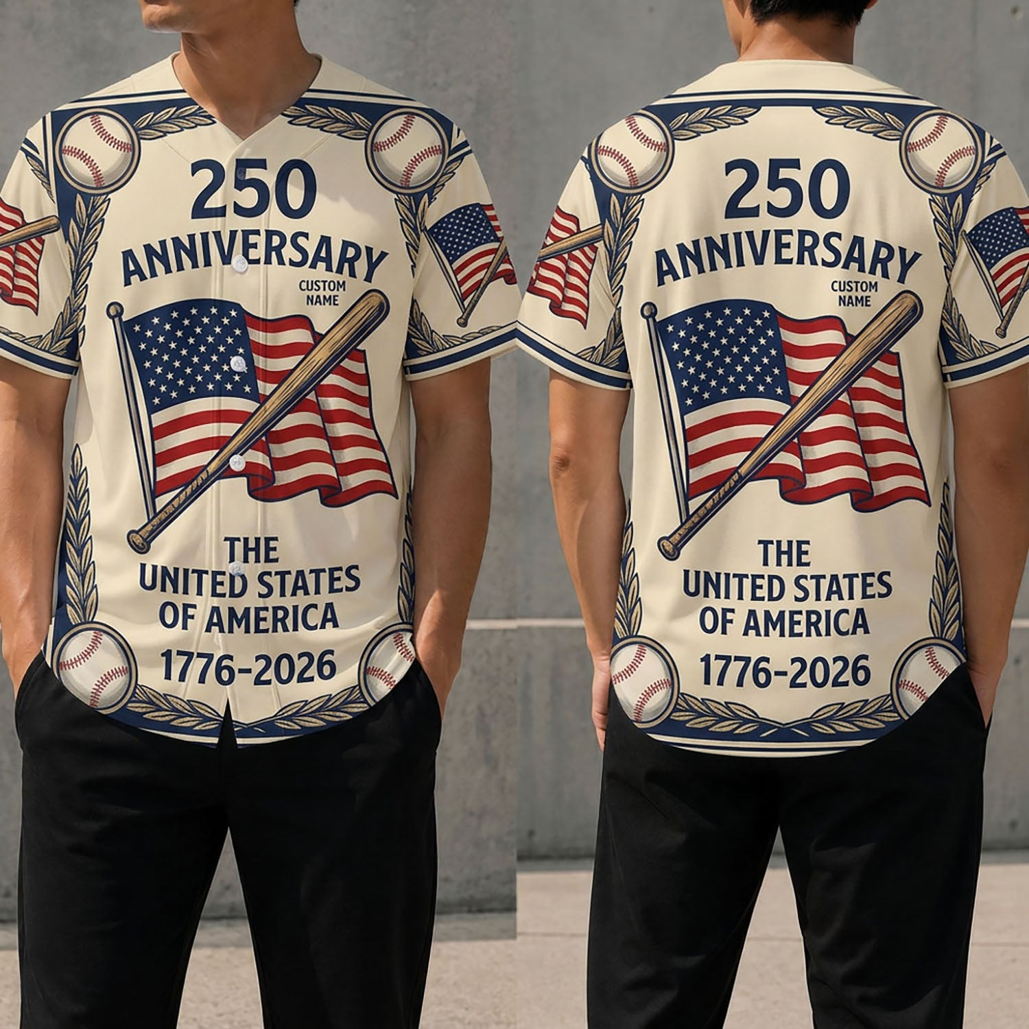 Front and back view of a vintage baseball jersey featuring the American flag, baseball bat, and 250th anniversary commemorative text