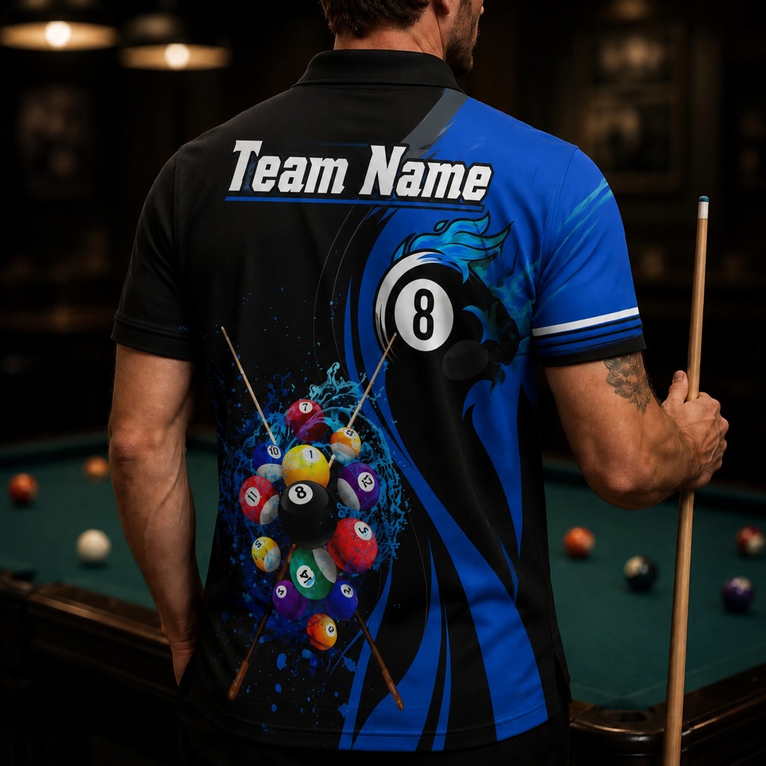 Flaming 8 Ball Billiards Sport Custom Billiard Polo Shirt Back View