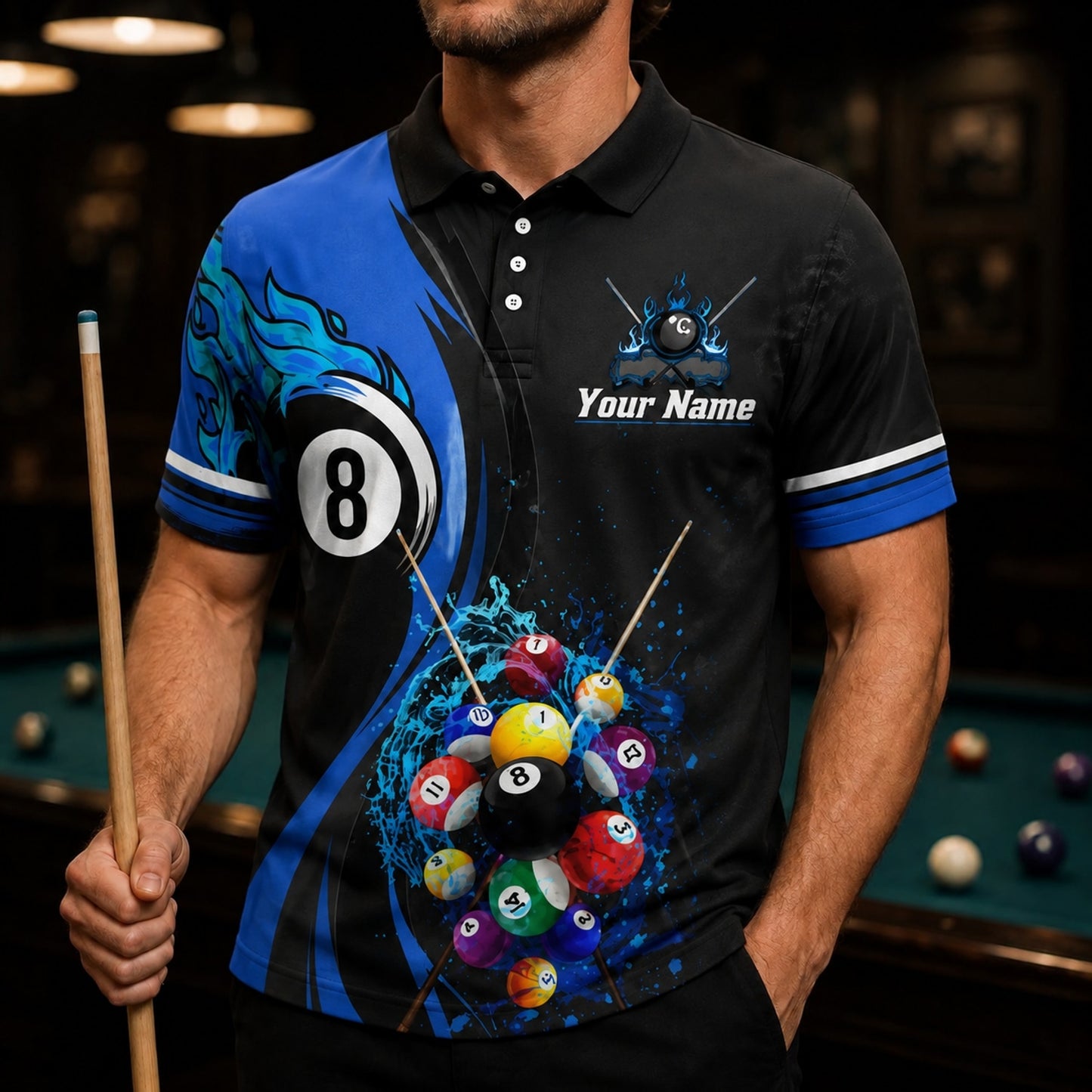 Flaming 8 Ball Billiards Sport Custom Billiard Polo Shirt Front View