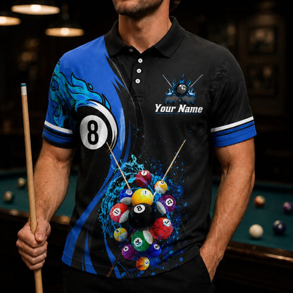Flaming 8 Ball Billiards Sport Custom Billiard Polo Shirt Front View