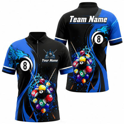 Flaming 8 Ball Billiards Sport Custom Billiard Polo Shirt Jersey Zip 1 4 Collar