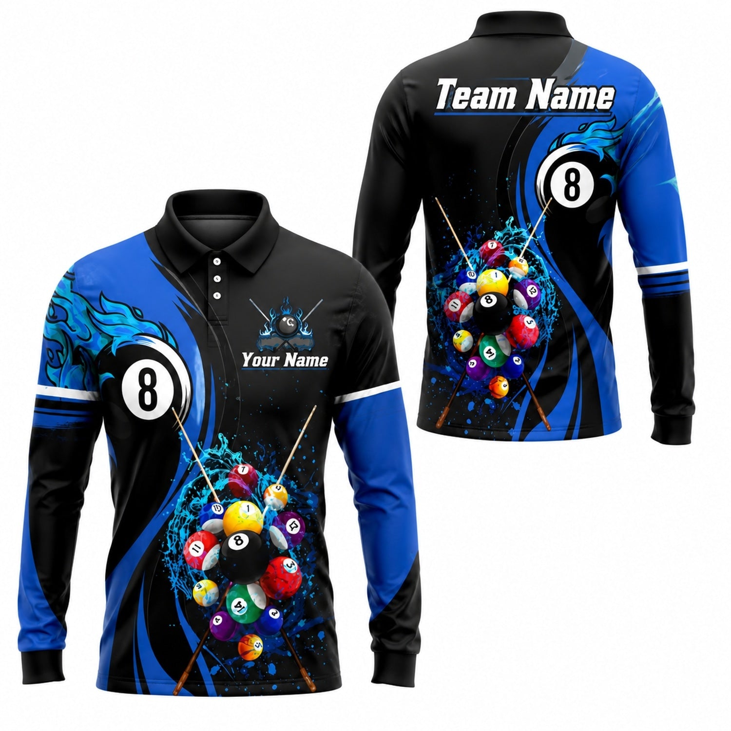 Flaming 8 Ball Billiards Sport Custom Billiard Polo Shirt Long Sleeve Polo