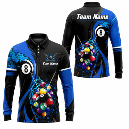 Flaming 8 Ball Billiards Sport Custom Billiard Polo Shirt Long Sleeve Polo