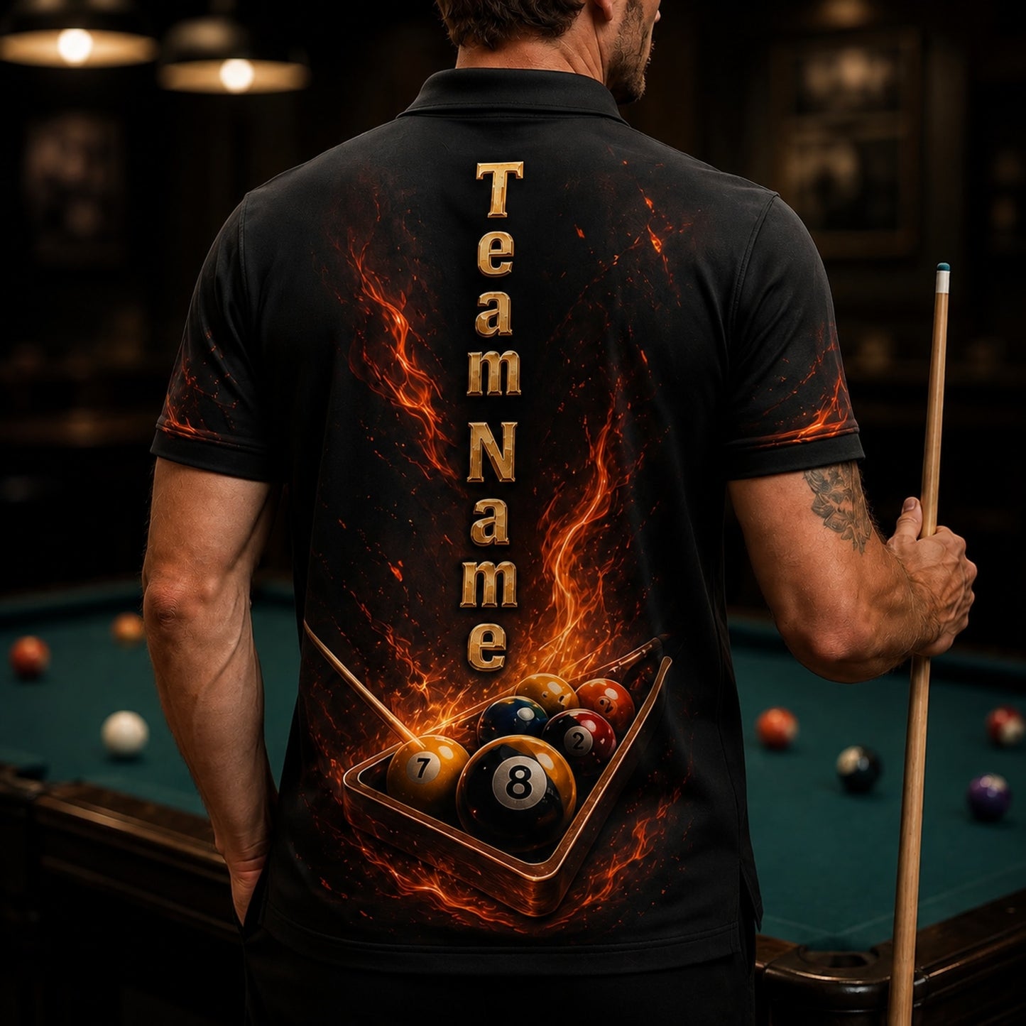 Flaming 8 Ball Crown Sport Personalized Billiard Polo Shirt Back View