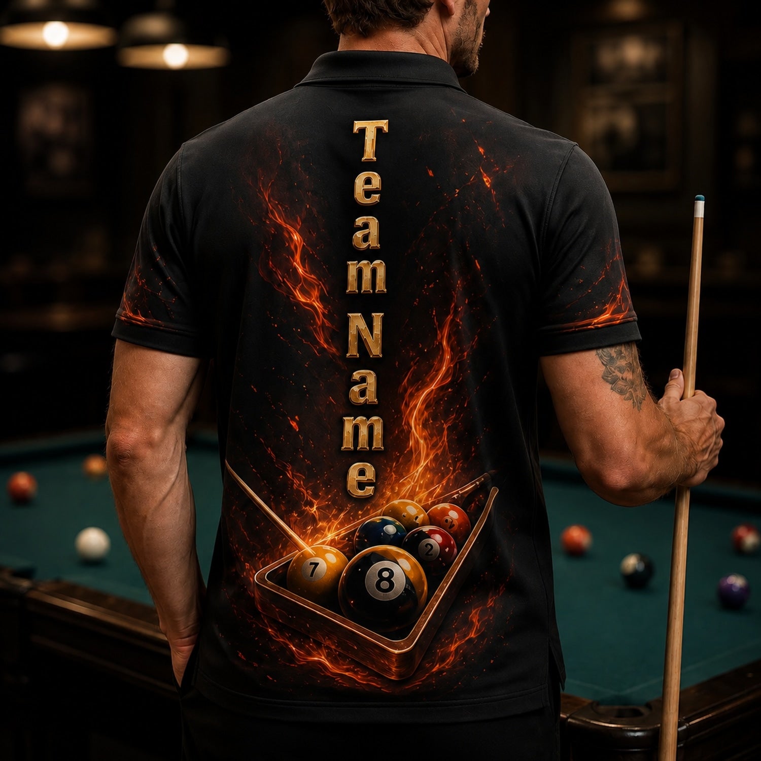 Flaming 8 Ball Crown Sport Personalized Billiard Polo Shirt Back View