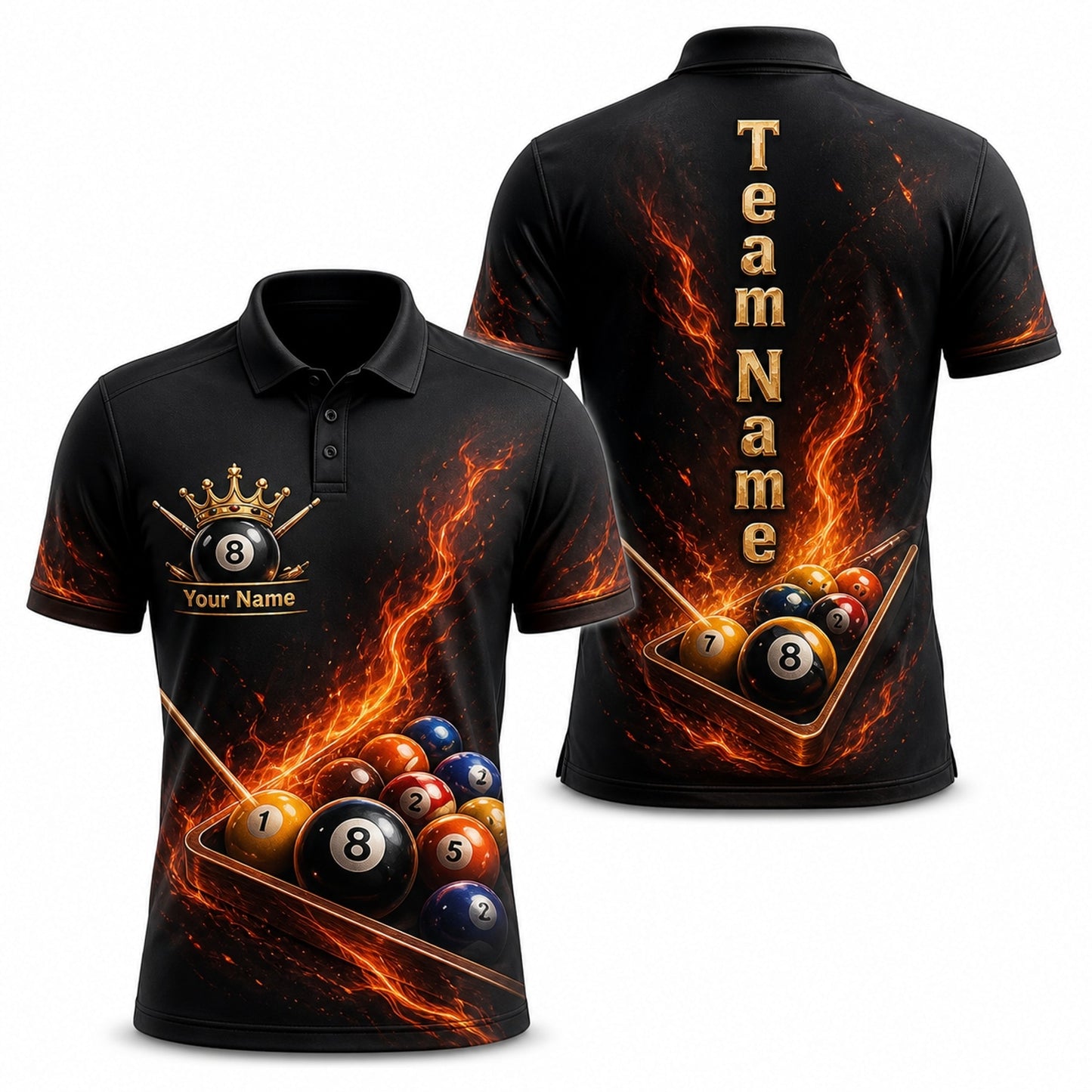 Flaming 8 Ball Crown Sport Personalized Billiard Polo Shirt