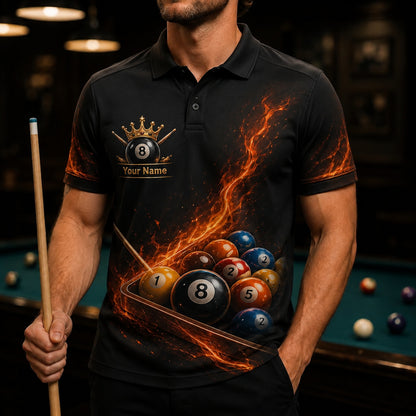Flaming 8 Ball Crown Sport Personalized Billiard Polo Shirt Front View