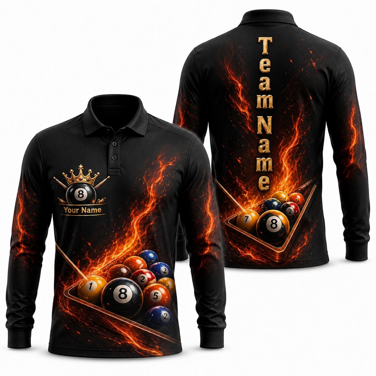 Flaming 8 Ball Crown Sport Personalized Billiard Polo Shirt Long Sleeve Polo