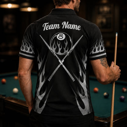 Flaming 8 Ball Cues Sport Custom Billiard Polo Shirt Back View