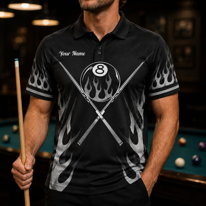 Flaming 8 Ball Cues Sport Custom Billiard Polo Shirt Front View