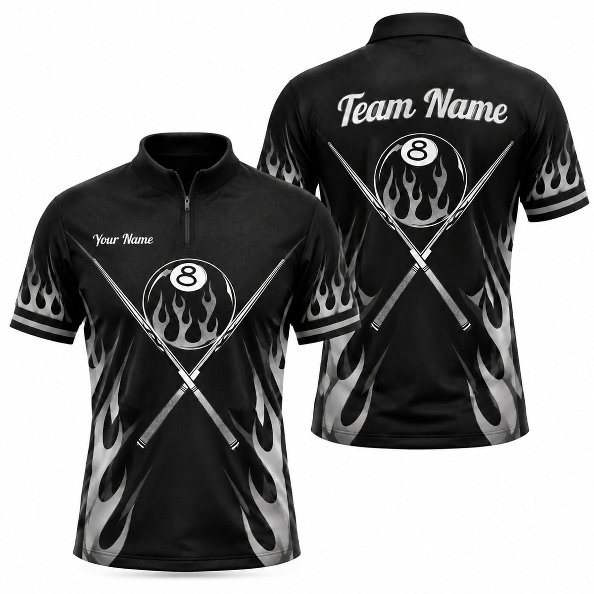 Flaming 8 Ball Cues Sport Custom Billiard Polo Shirt Jersey Zip 1 4 Collar