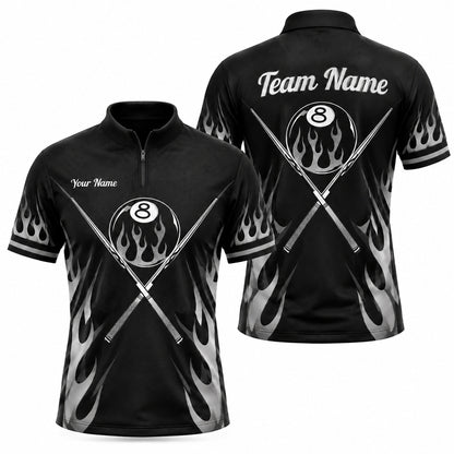 Flaming 8 Ball Cues Sport Custom Billiard Polo Shirt Jersey Zip 1 4 Collar