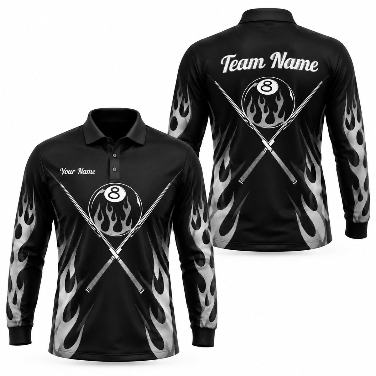 Flaming 8 Ball Cues Sport Custom Billiard Polo Shirt Long Sleeve Polo