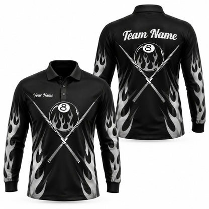 Flaming 8 Ball Cues Sport Custom Billiard Polo Shirt Long Sleeve Polo