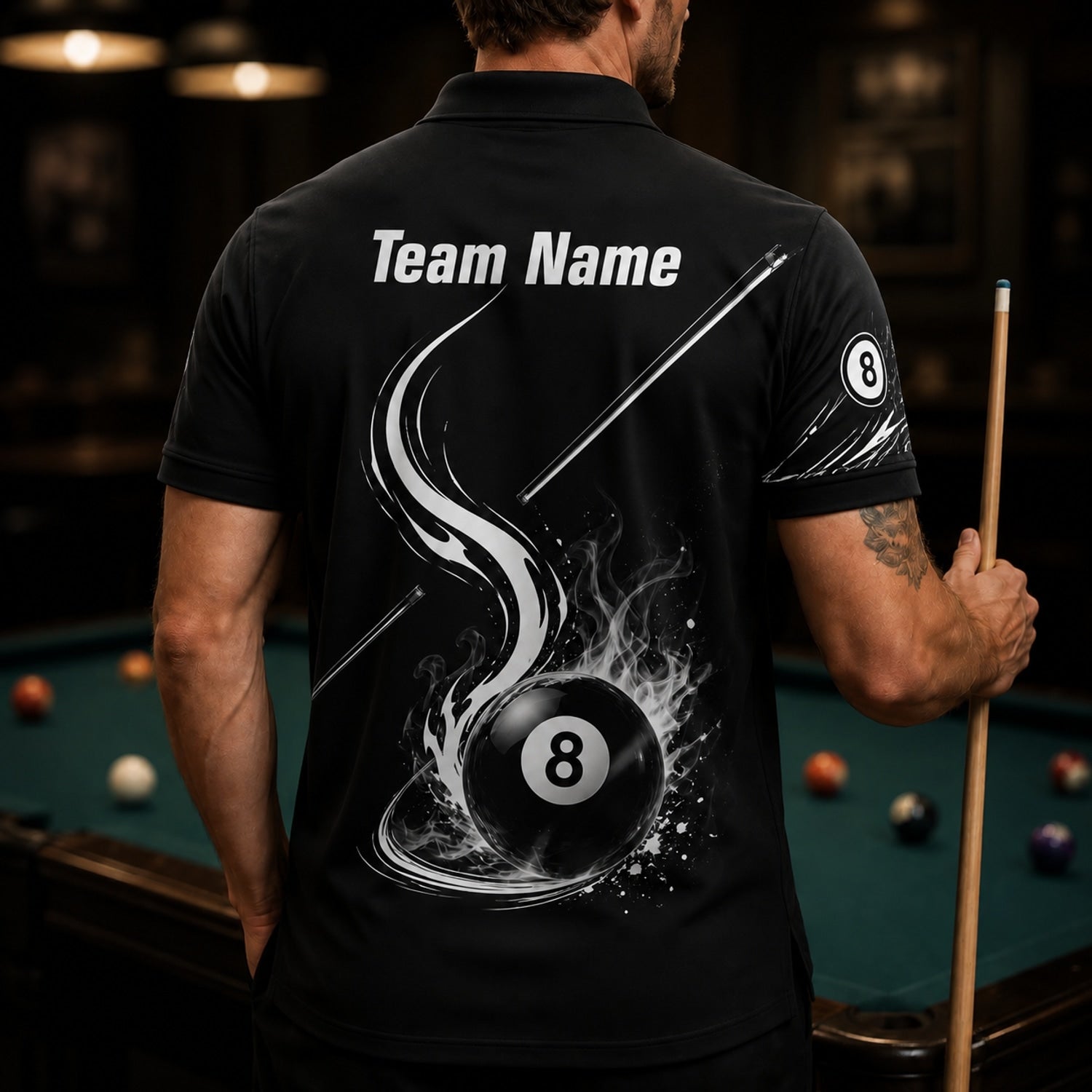 Flaming 8 Ball Graphic Custom Billiard Polo Shirt Back View