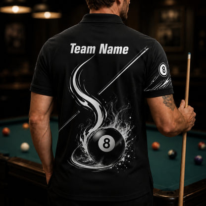 Flaming 8 Ball Graphic Custom Billiard Polo Shirt Back View