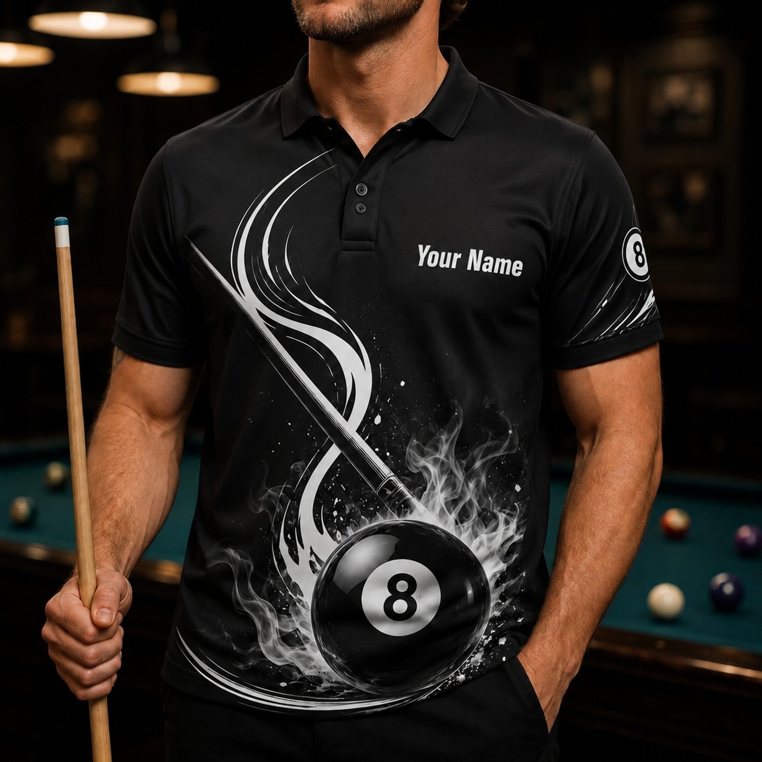 Flaming 8 Ball Graphic Custom Billiard Polo Shirt Front View