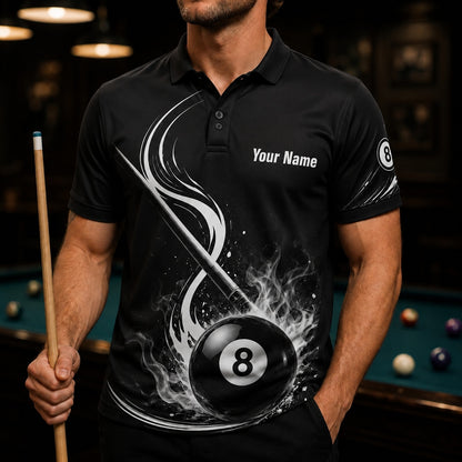 Flaming 8 Ball Graphic Custom Billiard Polo Shirt Front View