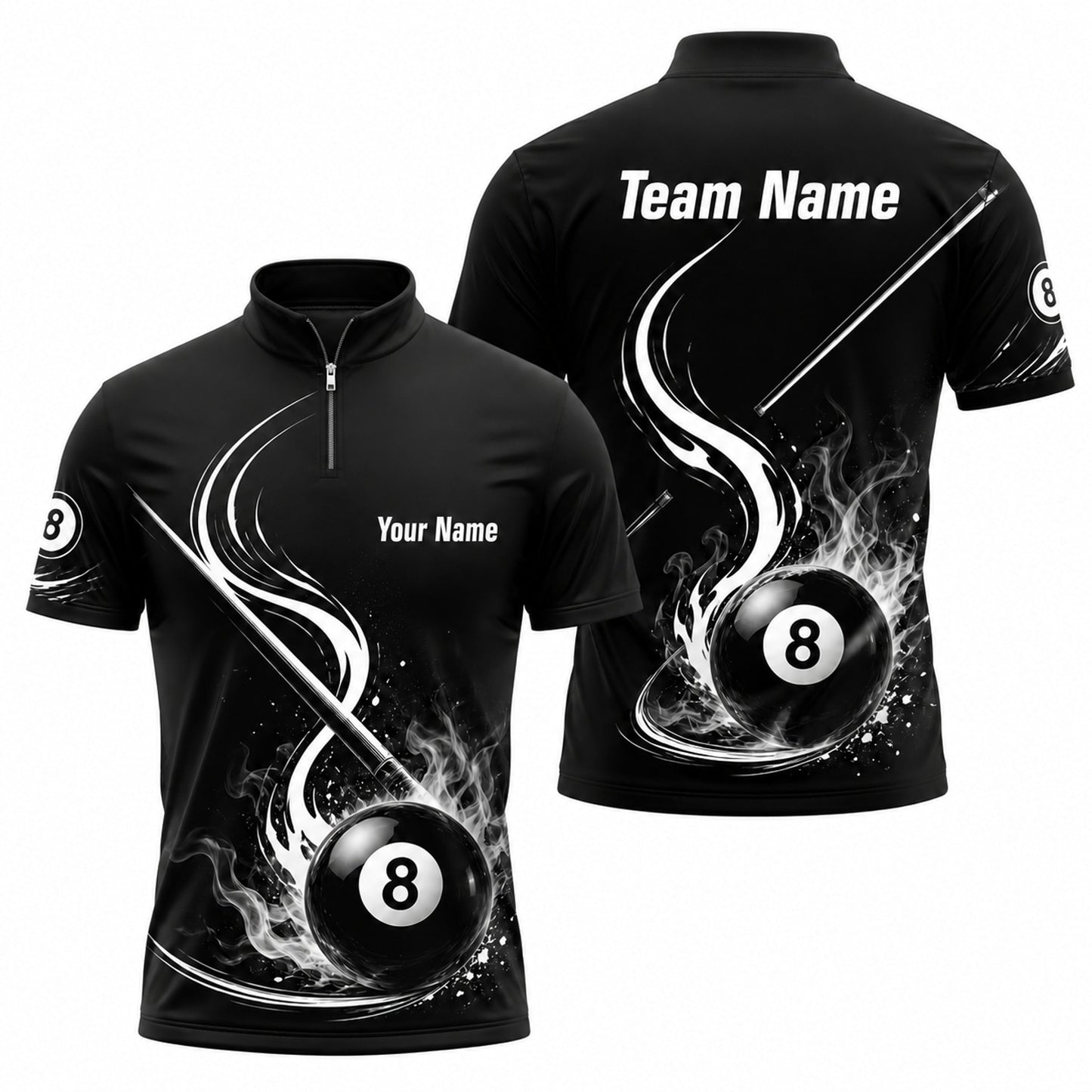 Flaming 8 Ball Graphic Custom Billiard Polo Shirt Jersey Zip 1 4 Collar