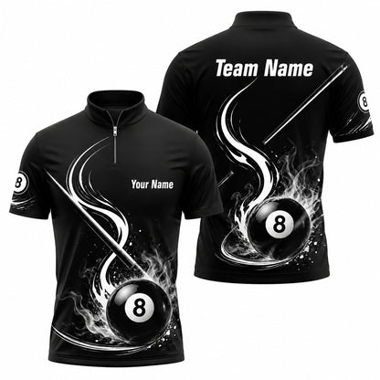 Flaming 8 Ball Graphic Custom Billiard Polo Shirt Jersey Zip 1 4 Collar