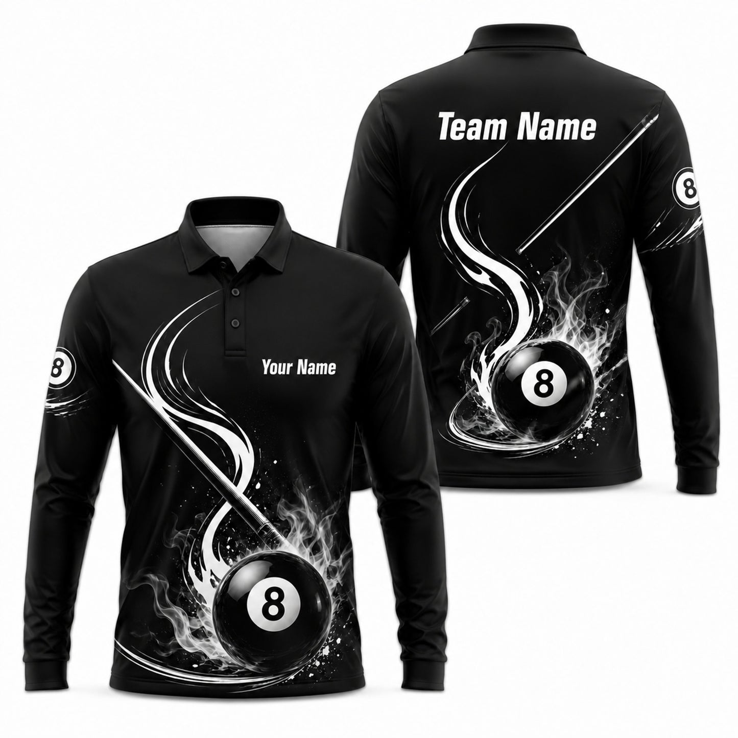 Flaming 8 Ball Graphic Custom Billiard Polo Shirt Long Sleeve Polo