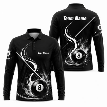 Flaming 8 Ball Graphic Custom Billiard Polo Shirt Long Sleeve Polo
