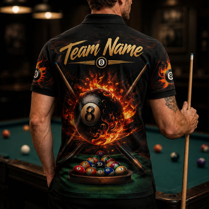 Flaming 8 Ball Graphic Personalized Billiard Polo Shirt Back View