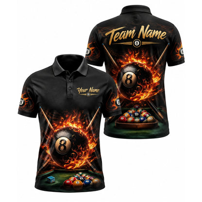 Flaming 8 Ball Graphic Personalized Billiard Polo Shirt
