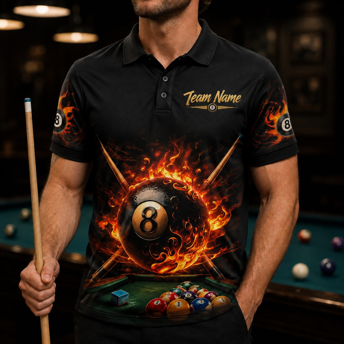 Flaming 8 Ball Graphic Personalized Billiard Polo Shirt Front View