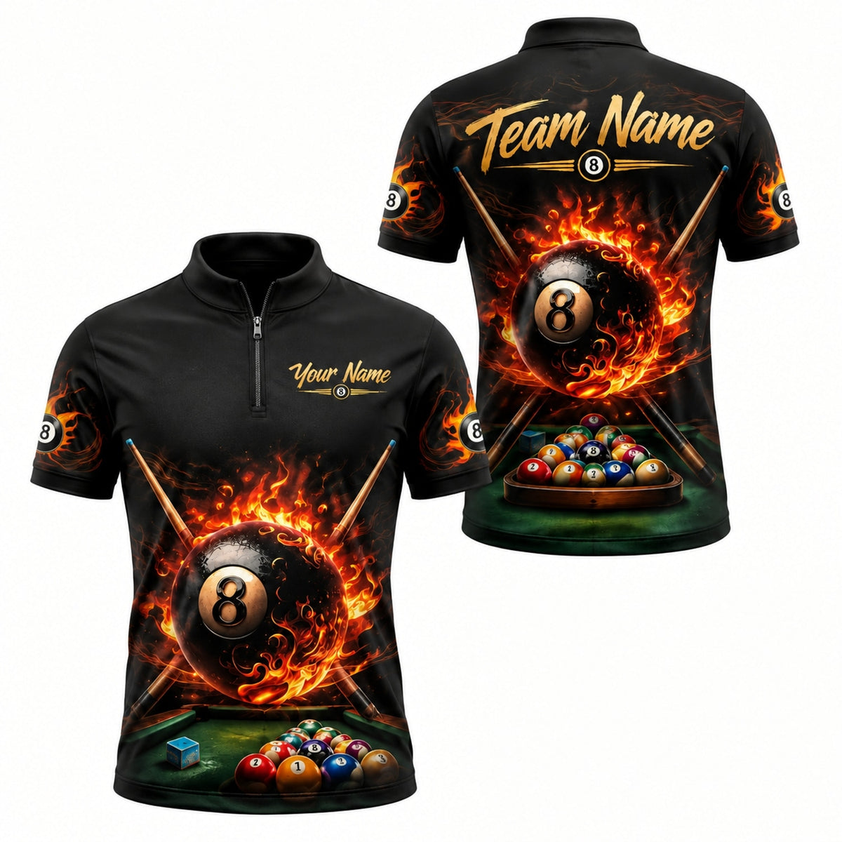 Flaming 8 Ball Graphic Personalized Billiard Polo Shirt Jersey Zip 1 4 Collar