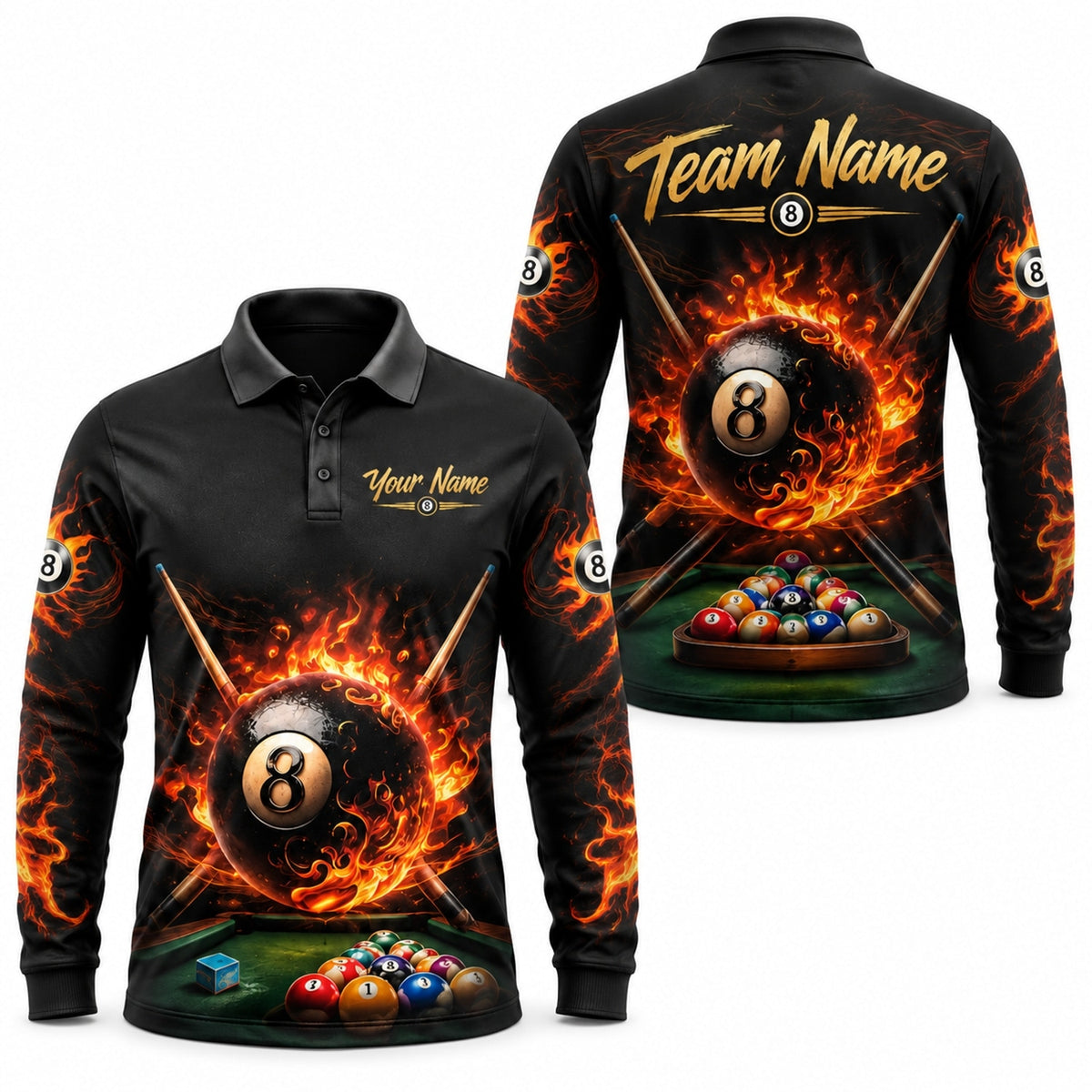 Flaming 8 Ball Graphic Personalized Billiard Polo Shirt Long Sleeve Polo