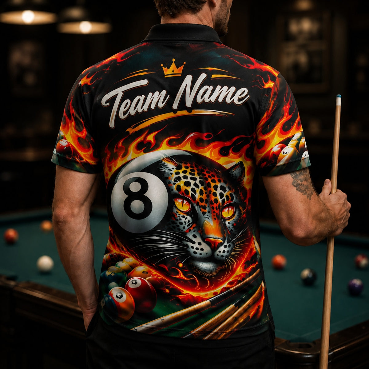 Flaming 8 Ball Leopard Sport Custom Billiard Polo Shirt Back View