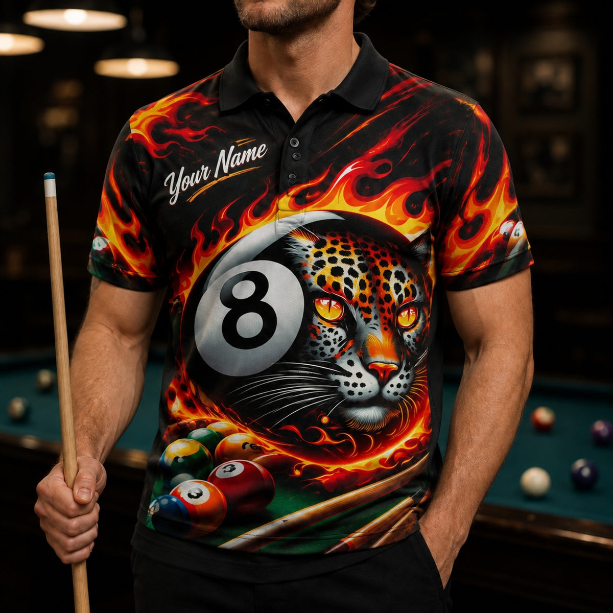 Flaming 8 Ball Leopard Sport Custom Billiard Polo Shirt Front View