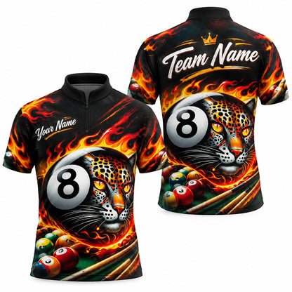 Flaming 8 Ball Leopard Sport Custom Billiard Polo Shirt Jersey Zip 1 4 Collar