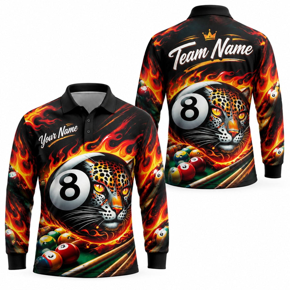 Flaming 8 Ball Leopard Sport Custom Billiard Polo Shirt Long Sleeve Polo
