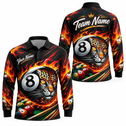 Flaming 8 Ball Leopard Sport Custom Billiard Polo Shirt Long Sleeve Polo