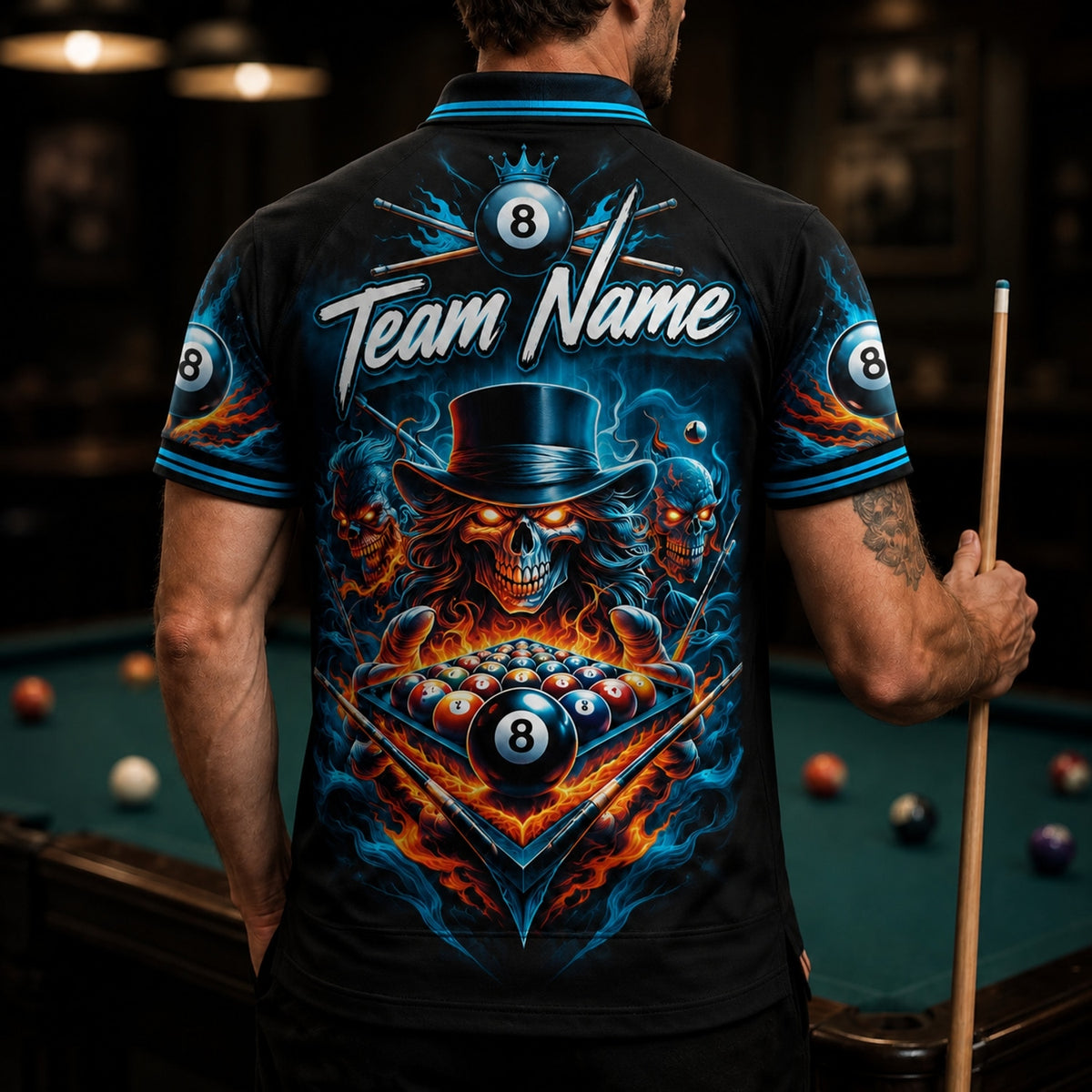 Flaming 8 Ball Skull Graphic Personalized Billiard Polo Shirt Back View