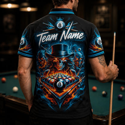 Flaming 8 Ball Skull Graphic Personalized Billiard Polo Shirt Back View