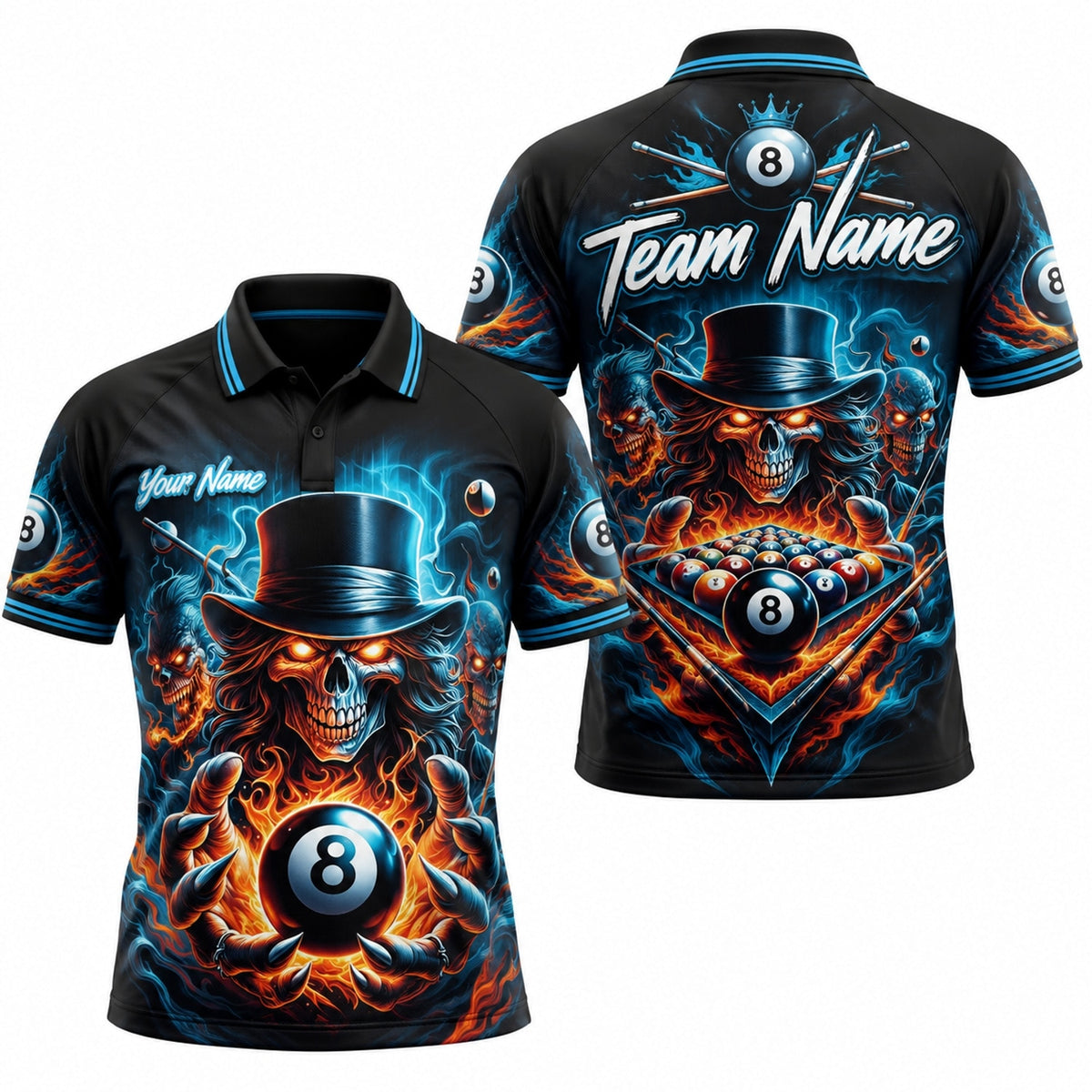Flaming 8 Ball Skull Graphic Personalized Billiard Polo Shirt