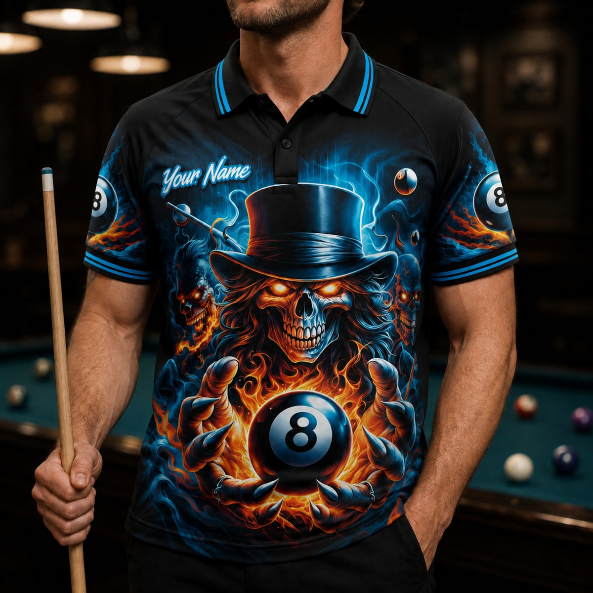 Flaming 8 Ball Skull Graphic Personalized Billiard Polo Shirt Front View