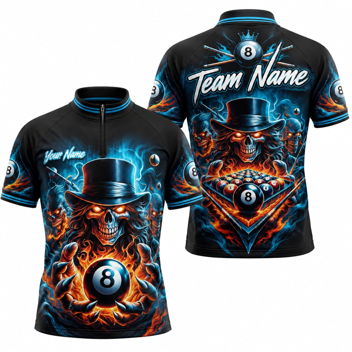 Flaming 8 Ball Skull Graphic Personalized Billiard Polo Shirt Jersey Zip 1 4 Collar